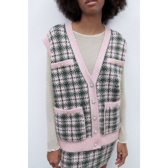 NWOT Zara Plaid Knit Vest with Pearl Buttons in Pink / Green Women's M - Picture 1 of 16